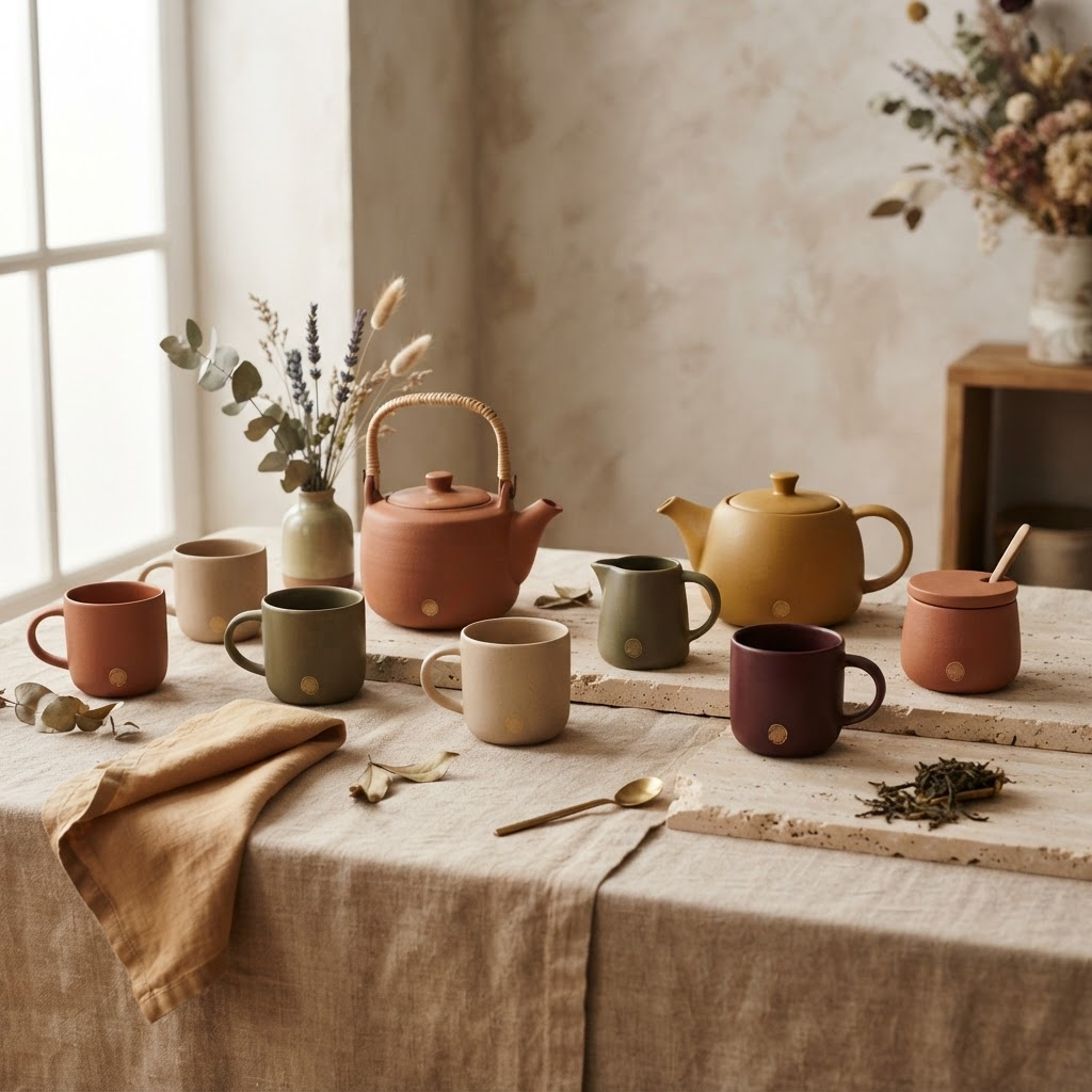 Posh by Tori Danyël modern stone tea set collection in terracotta, olive, mustard, beige, and burgundy