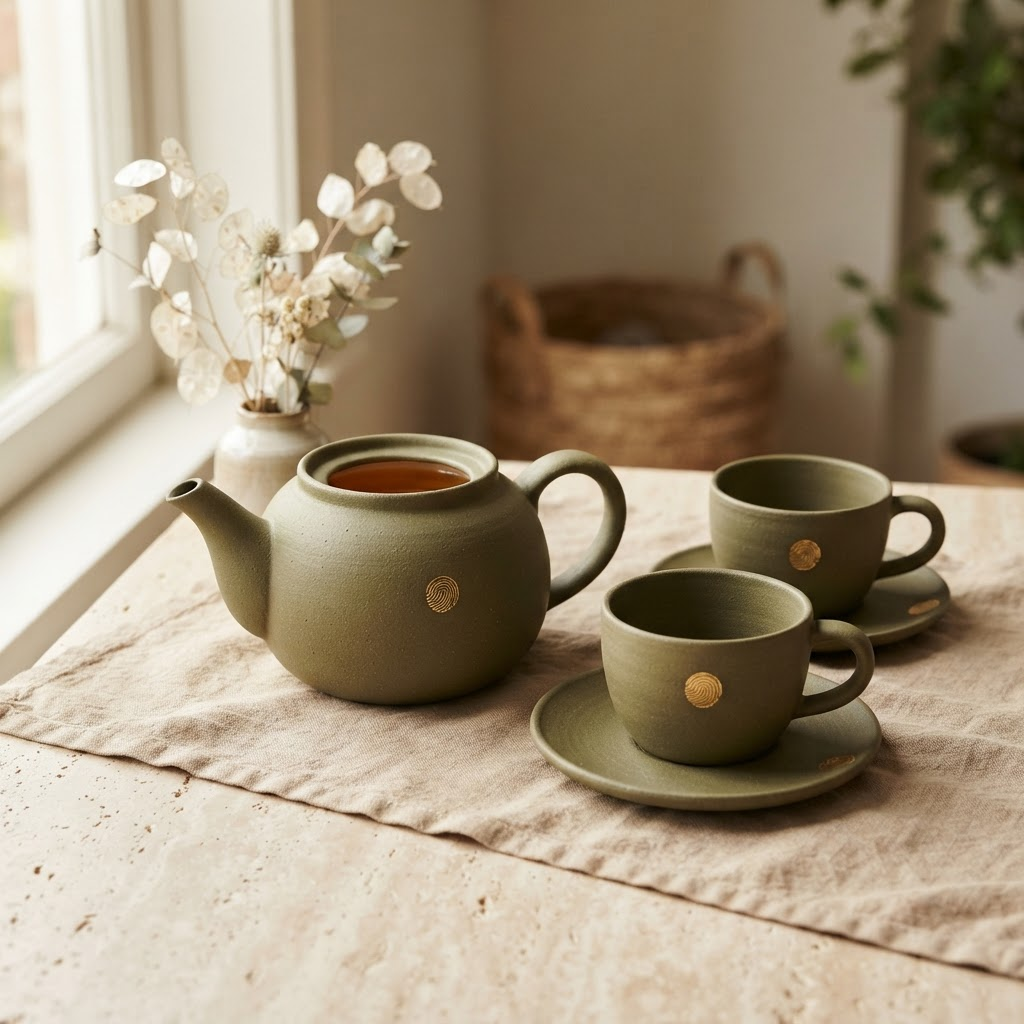 Olive Grove Tea Set — Muted Olive Green modern stone tea set