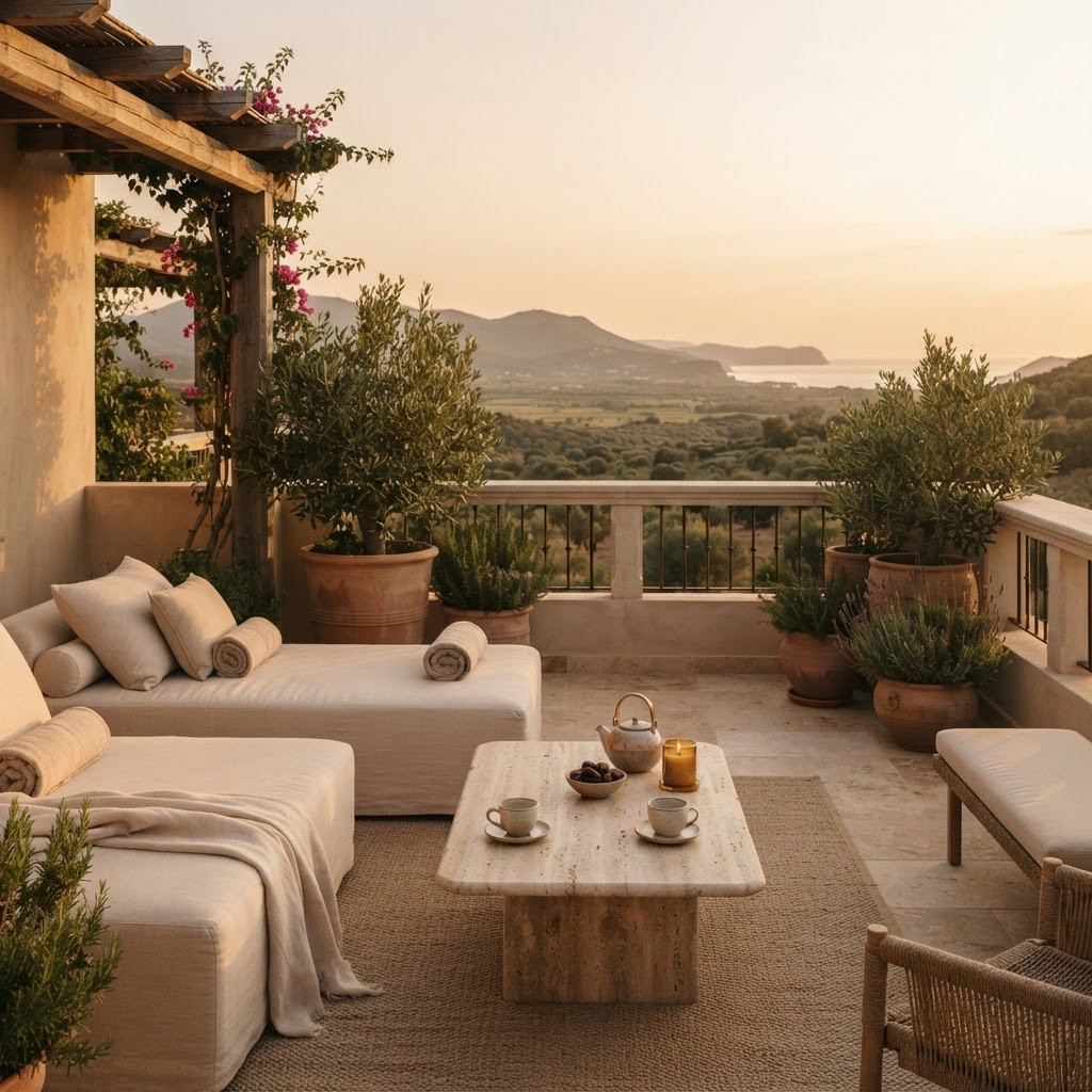 A serene luxury retreat terrace at golden hour