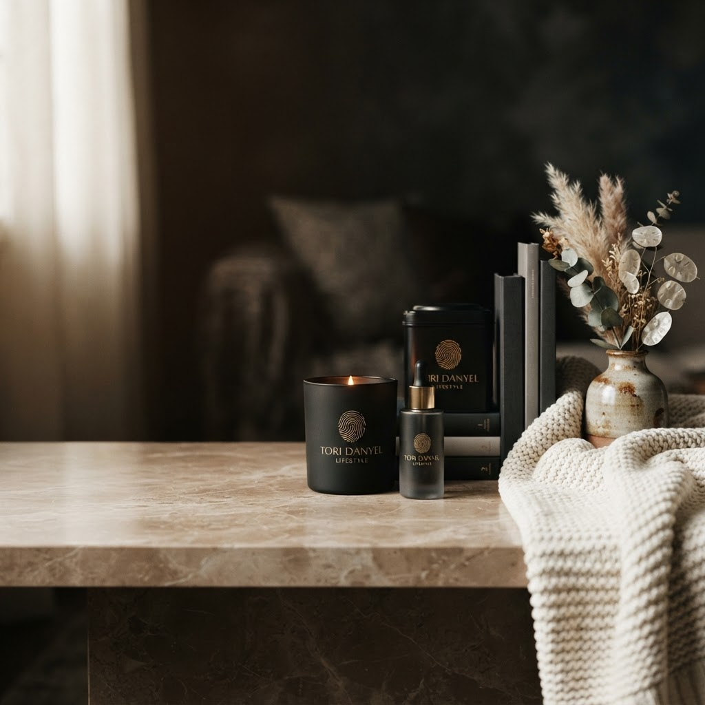 Tori Danyël branded candle, body oil, tea, books, and throw styled on marble