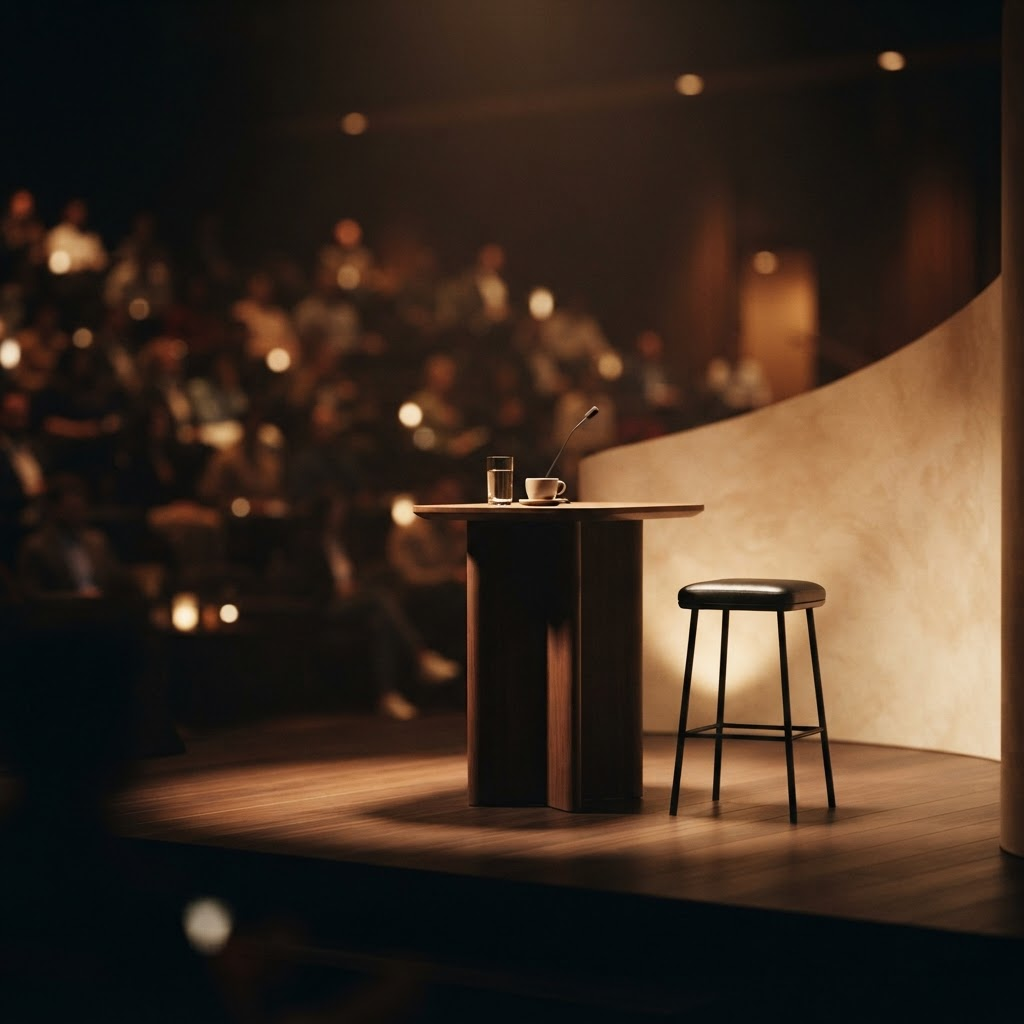 A warmly lit keynote stage