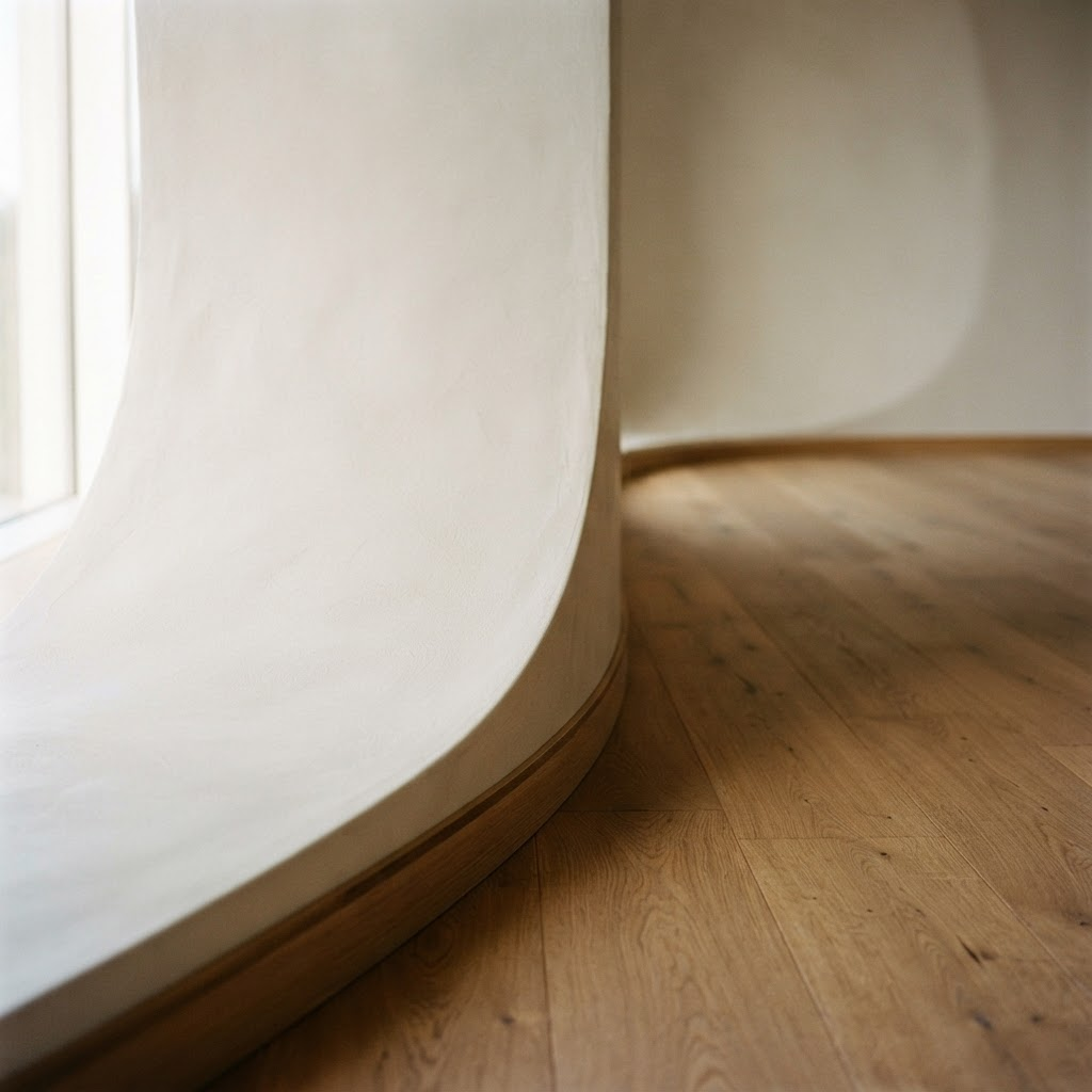 A curved plaster wall meeting warm oak